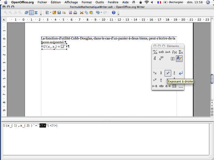 Image affichant l'écran tel qu'il apparaît lors de la procédure de sélection de la formule « Exposant à droite » dans la fenêtre « Éléments de formule », dans la zone de saisie et dans le cadre.
